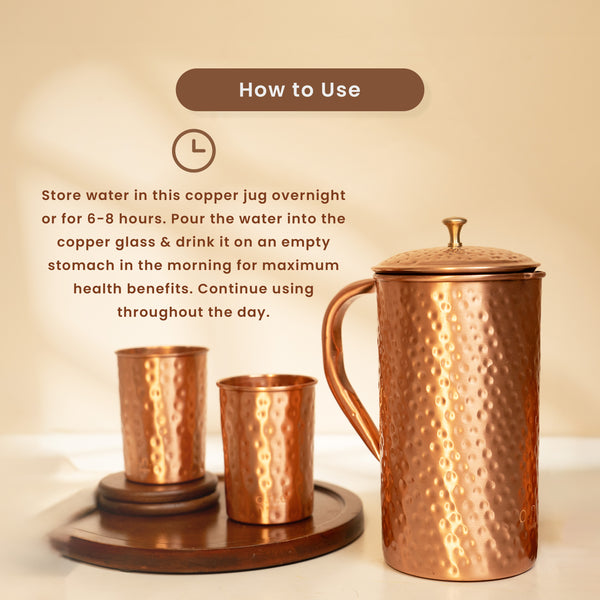 Pure Copper Jug & 4 Glasses Set | Hammered