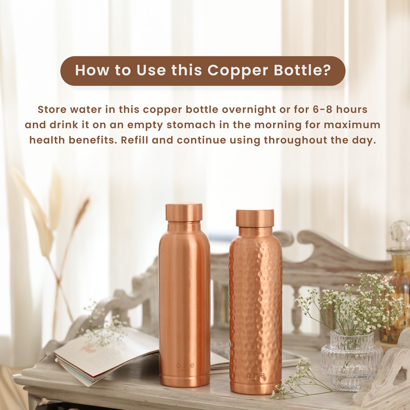 Copper Bottles with Gift Box | Set of 2 | 1 L | Plain & Hammered