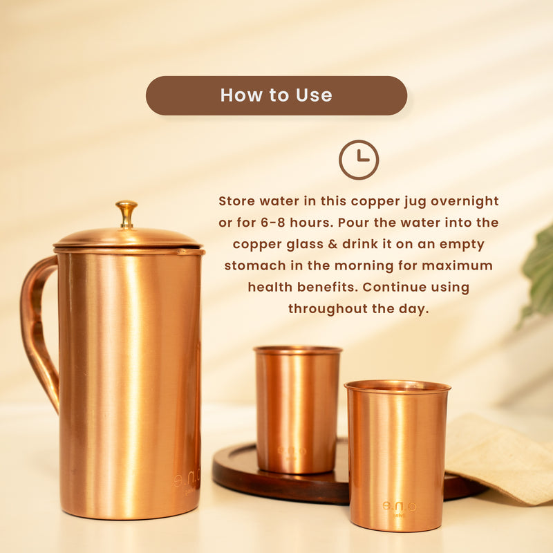 Pure Copper Jug & Glasses | Set of 3 | 300 ml | Plain