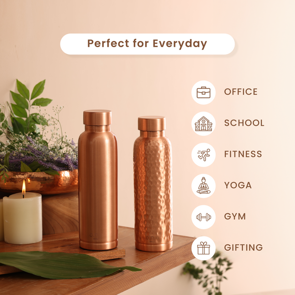 Copper Water Bottle | Plain & Hammered | 1 L | Set of 2 | BPA & Lead Free