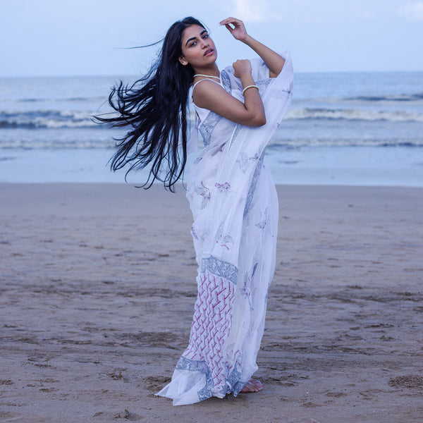 Kota Handblock Printed Saree | White & Blue