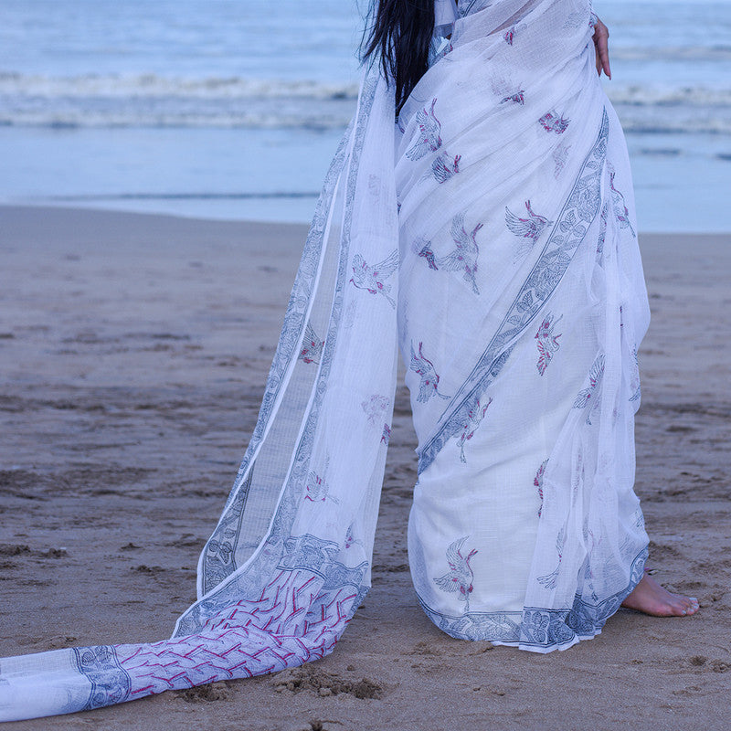 Kota Handblock Printed Saree | White & Blue