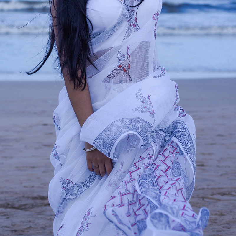 Kota Handblock Printed Saree | White & Blue