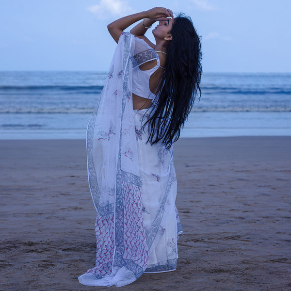 Kota Handblock Printed Saree | White & Blue