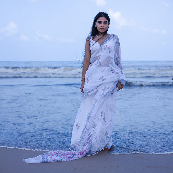 Kota Handblock Printed Saree | White & Blue