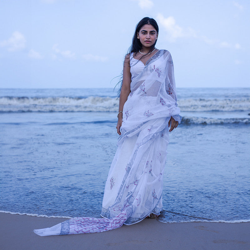 Kota Handblock Printed Saree | White & Blue