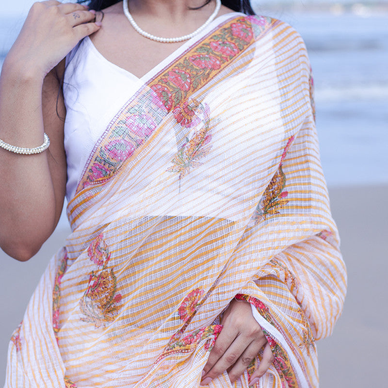 Kota Handblock Printed Saree | Mogra | White & Orange