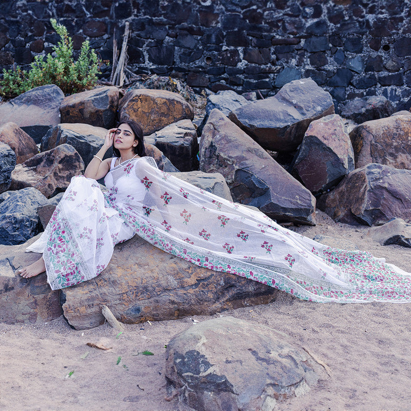 Kota Handblock Printed Saree | Bougainvillea | White & Red