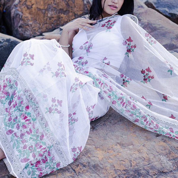 Kota Handblock Printed Saree | Bougainvillea | White & Red