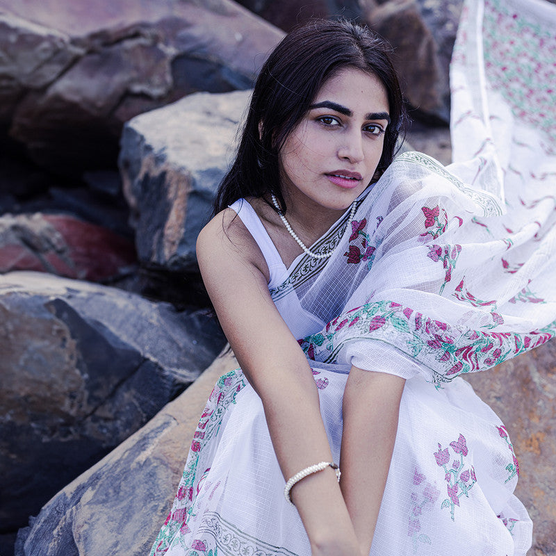 Kota Handblock Printed Saree | Bougainvillea | White & Red