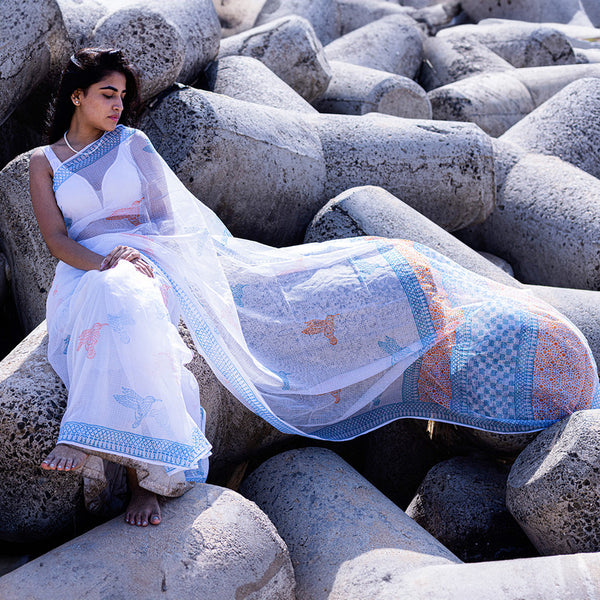 Kota Handblock Printed Saree | Orange & Blue