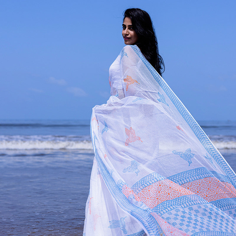 Kota Handblock Printed Saree | Orange & Blue