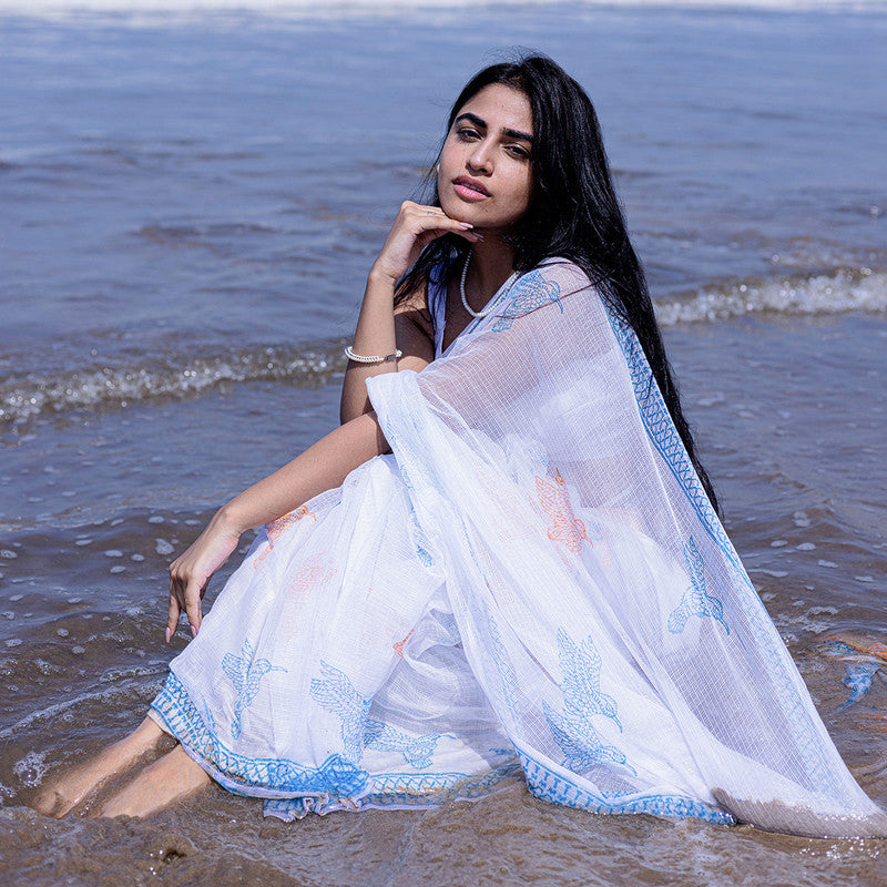 Kota Handblock Printed Saree | Orange & Blue