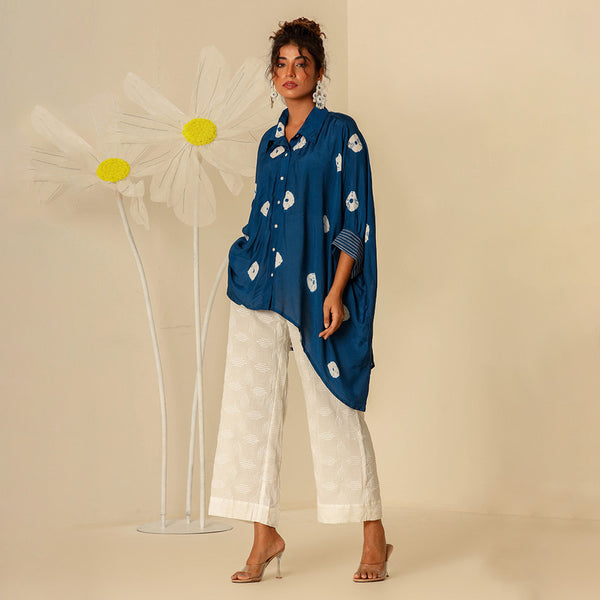 Muslin Cotton Kaftan Shirt Set for Women | Blue | Tie-Dye