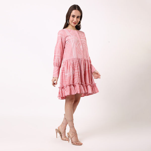 Cotton A-Line Dress for Women | Printed | Pink