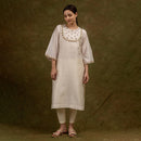 Chanderi Silk Kurta Set with Slip | Hand Embroidered | Off-White