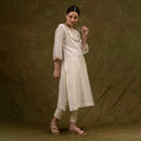 Chanderi Silk Kurta Set with Slip | Hand Embroidered | Off-White