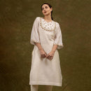 Chanderi Silk Kurta Set with Slip | Hand Embroidered | Off-White