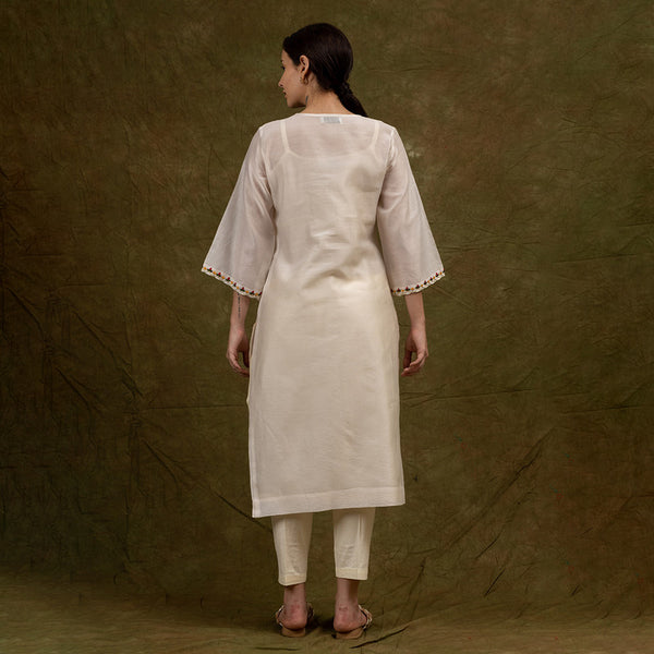 Chanderi Silk Kurta Set with Slip | Hand Embroidered | Off-White