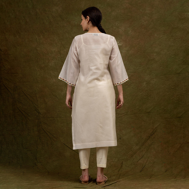 Chanderi Silk Kurta Set with Slip | Hand Embroidered | Off-White