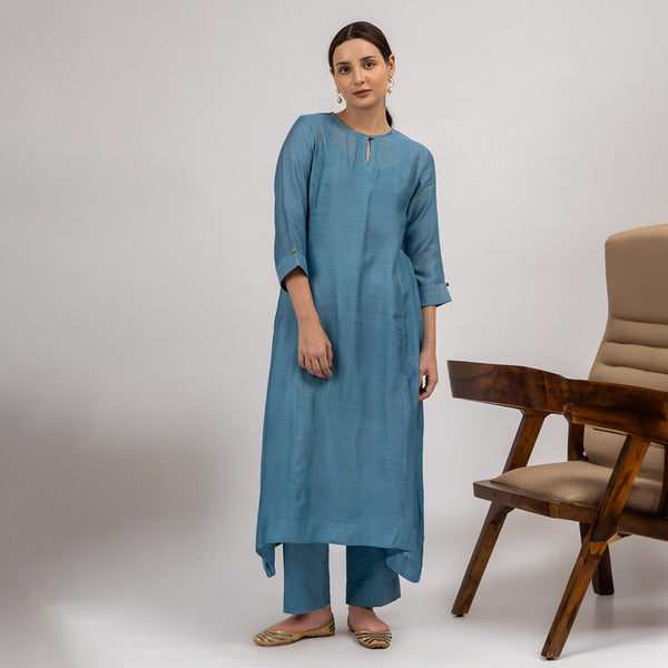 Maheshwari Silk Kurta with Slip | Asymmetric | Blue-Grey Shade