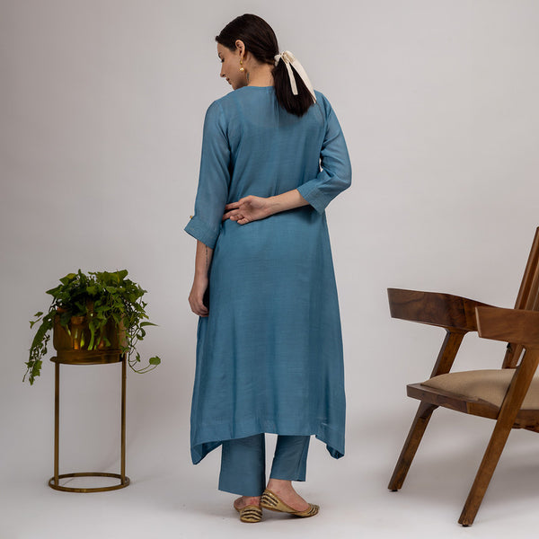 Maheshwari Silk Kurta with Slip | Asymmetric | Blue-Grey Shade