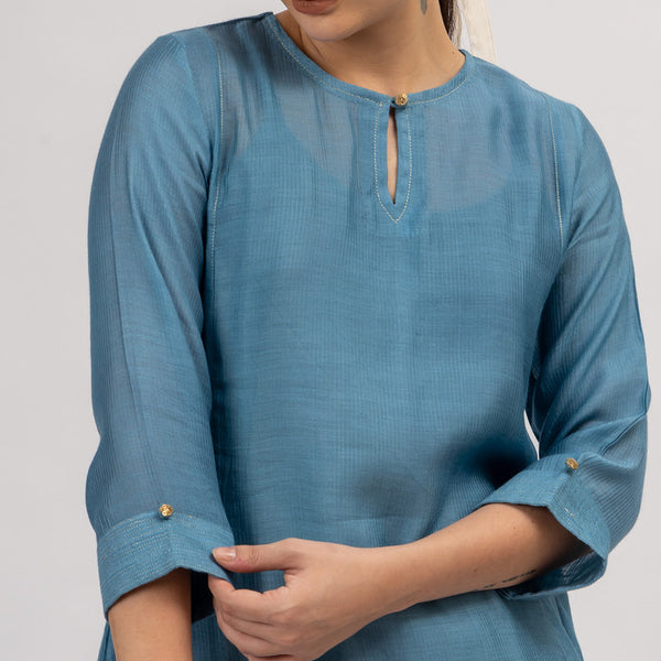 Maheshwari Silk Kurta with Slip | Asymmetric | Blue-Grey Shade