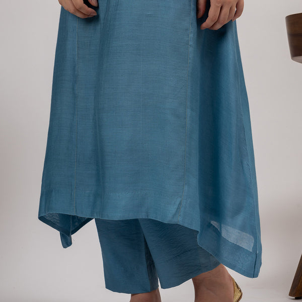 Maheshwari Silk Kurta with Slip | Asymmetric | Blue-Grey Shade