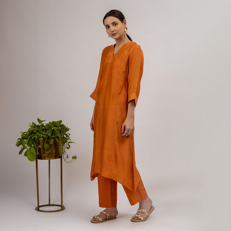 Maheshwari Silk Kurta with Slip | Asymmetric | Rust