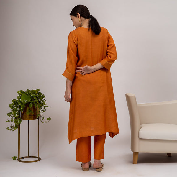 Chanderi Silk Kurta Set with Slip | Rust