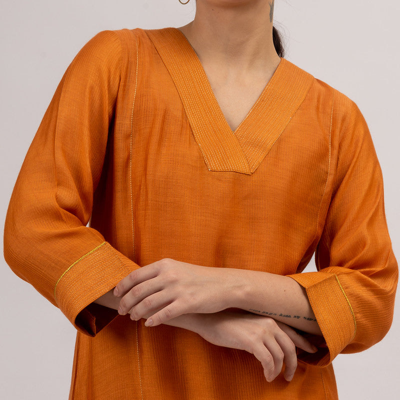 Chanderi Silk Kurta Set with Slip | Rust