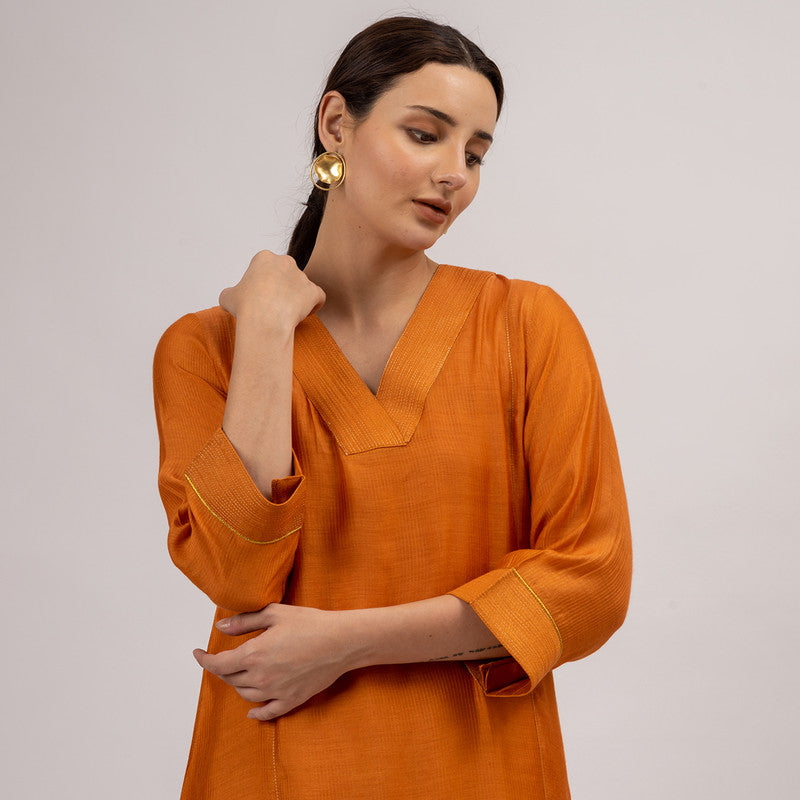 Maheshwari Silk Kurta with Slip | Asymmetric | Rust