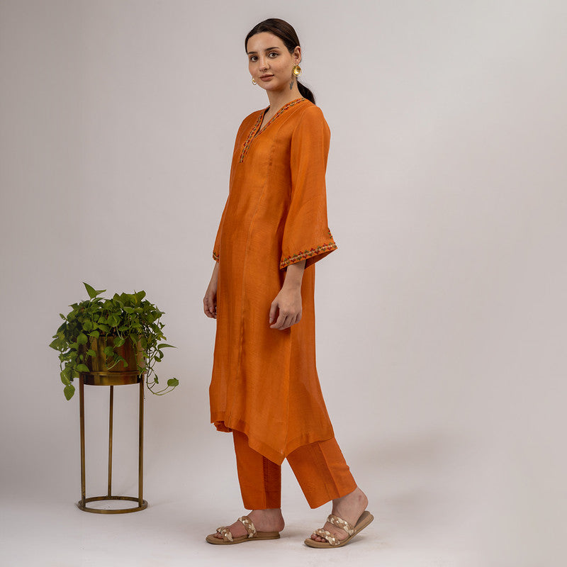 Maheshwari Silk Kurta Set with Slip | Hand Embroidered | Rust