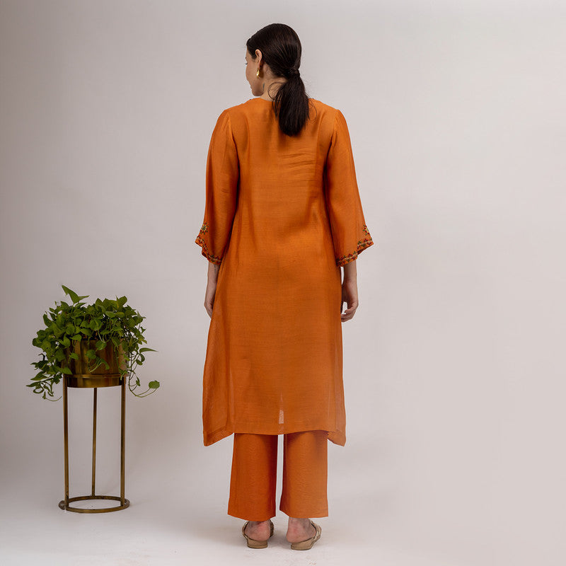 Maheshwari Silk Kurta Set with Slip | Hand Embroidered | Rust