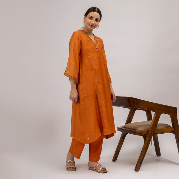 Maheshwari Silk Kurta Set with Slip | Hand Embroidered | Rust