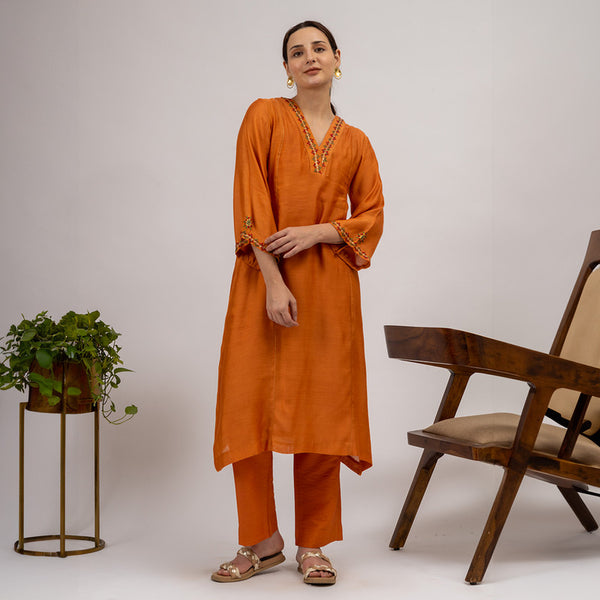 Maheshwari Silk Kurta Set with Slip | Hand Embroidered | Rust