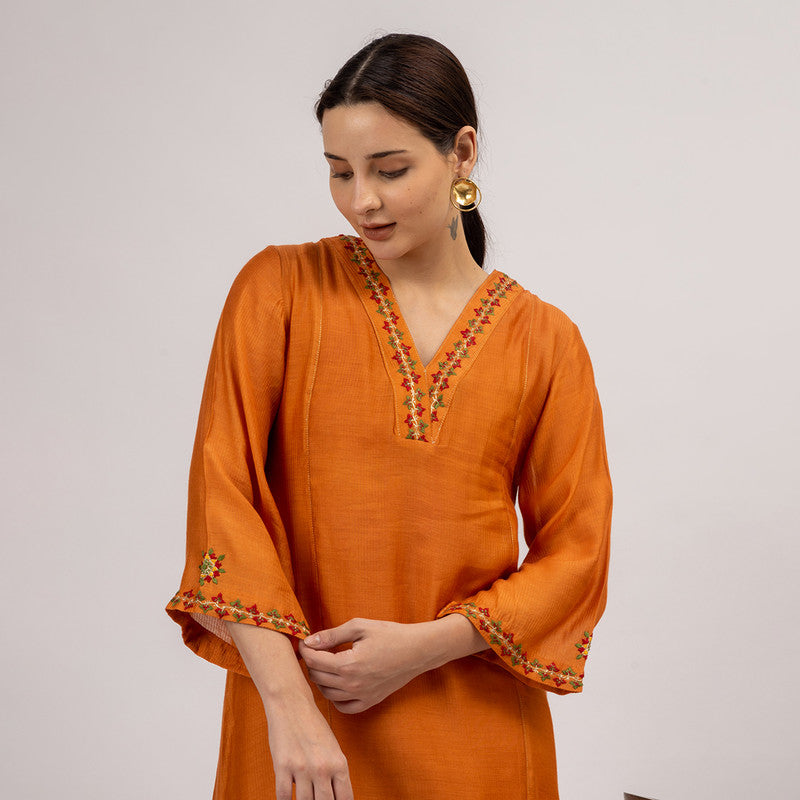 Maheshwari Silk Kurta Set with Slip | Hand Embroidered | Rust