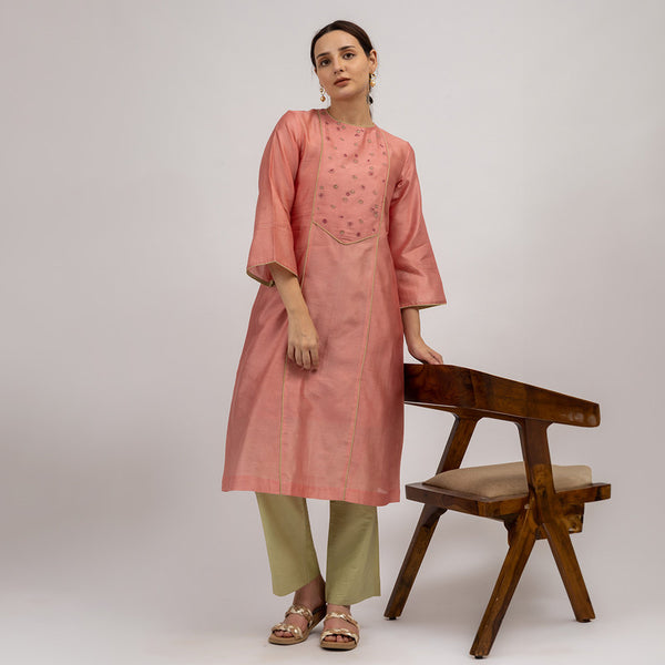 Chanderi Silk Kurta with Slip | Embroidered | Pink