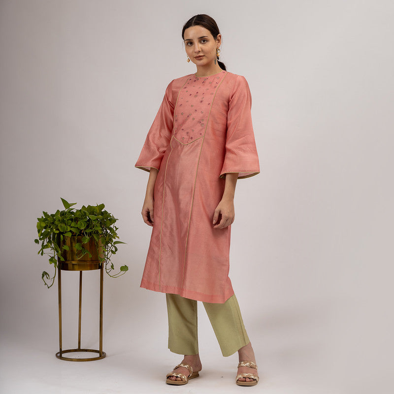 Chanderi Silk Kurta with Slip | Embroidered | Pink