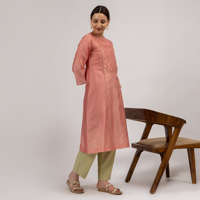 Chanderi Silk Kurta with Slip | Embroidered | Pink