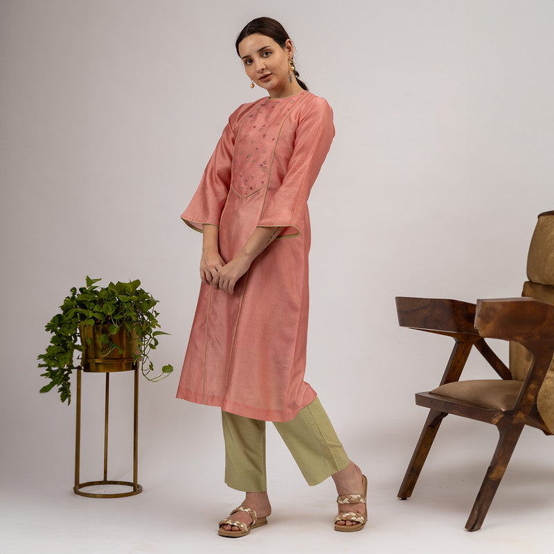 Chanderi Silk Kurta with Slip | Embroidered | Pink