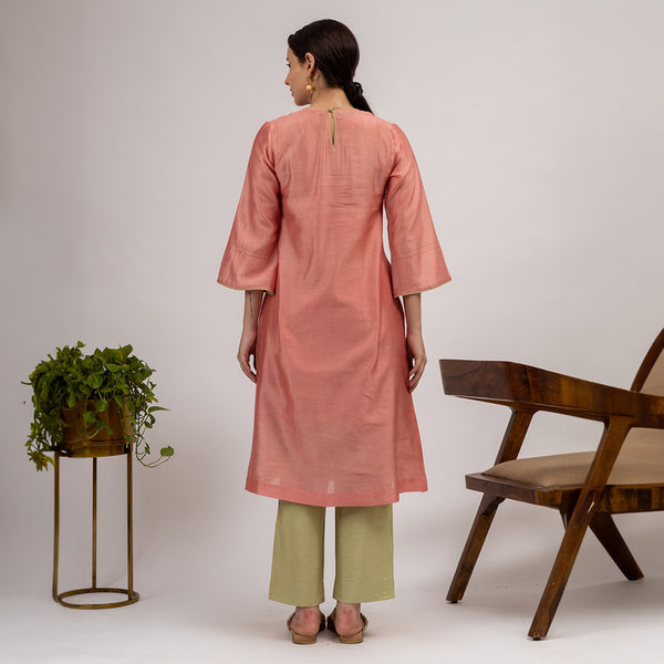 Chanderi Silk Kurta with Slip | Embroidered | Pink