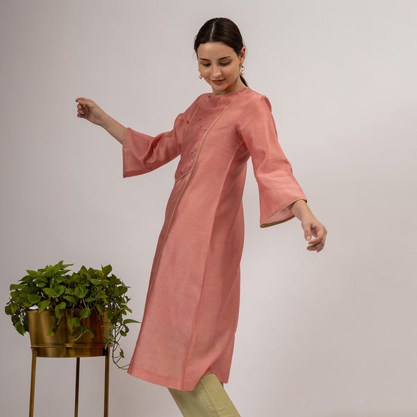 Chanderi Silk Kurta with Slip | Embroidered | Pink