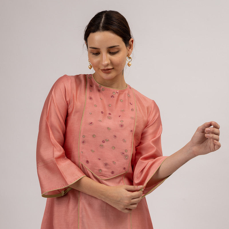 Chanderi Silk Kurta with Slip | Embroidered | Pink