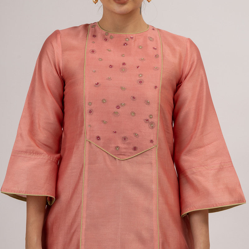 Chanderi Silk Kurta with Slip | Embroidered | Pink