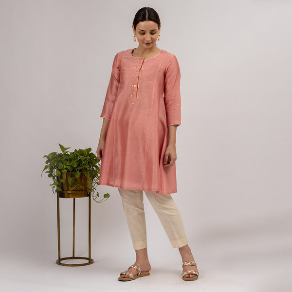 Chanderi Cotton Kurta Set with Slip | Hand Embroidered | Pink