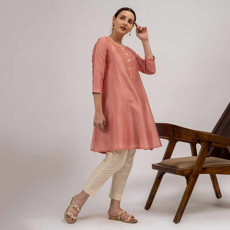 Chanderi Cotton Kurta Set with Slip | Hand Embroidered | Pink