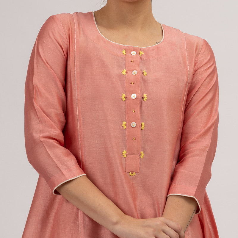 Chanderi Silk Kurta with Slip | Hand Embroidered | Pink