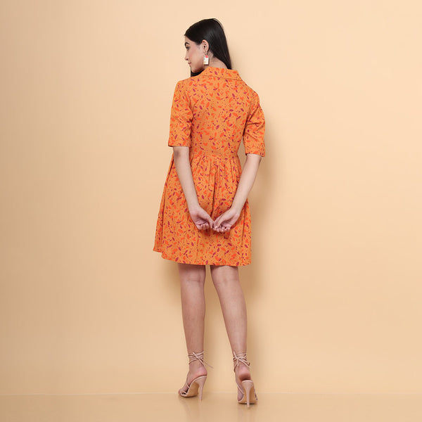 Cotton A-Line Dress for Women | Mustard | Half-Sleeves