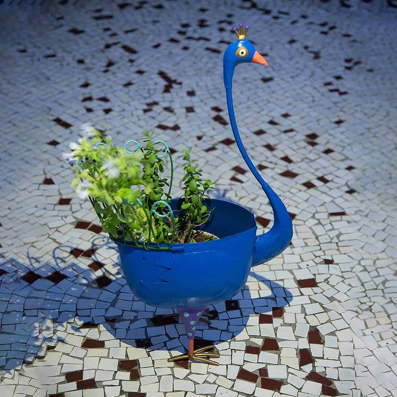 Metal Planter | Peacock Design | Blue | 11 x 7 x 27 IN